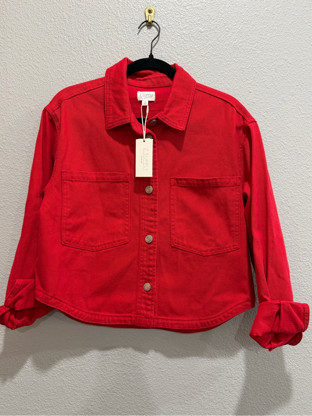 NEW - Z Supply All Day Cropped Denim Red Button-Up Jean Jacket